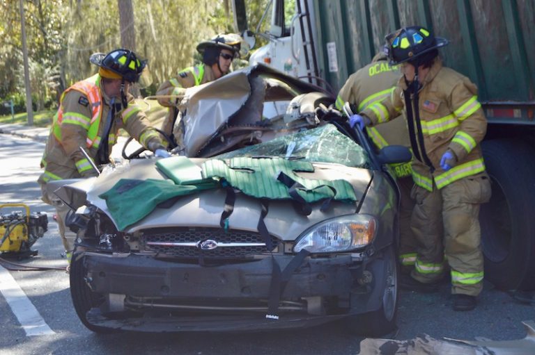 Driver extricated from vehicle after three-vehicle crash in Ocala