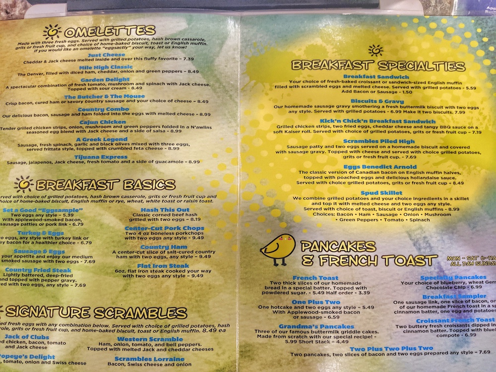 Breakfast menu at Scrambles Cafe in Ocala, Florida