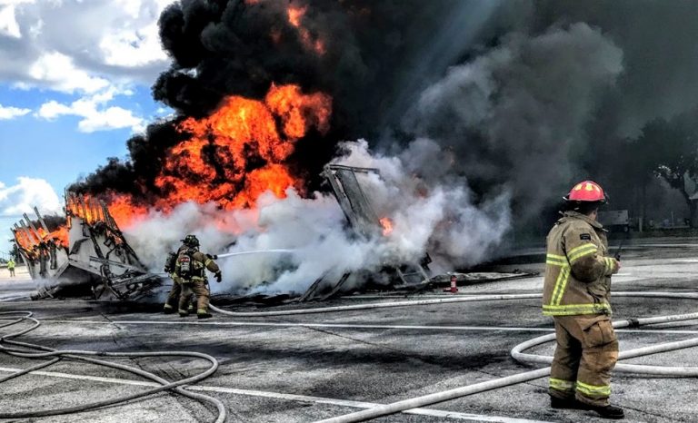 Roaring blaze destroys semi-trailer loaded with tires at I-75 rest area