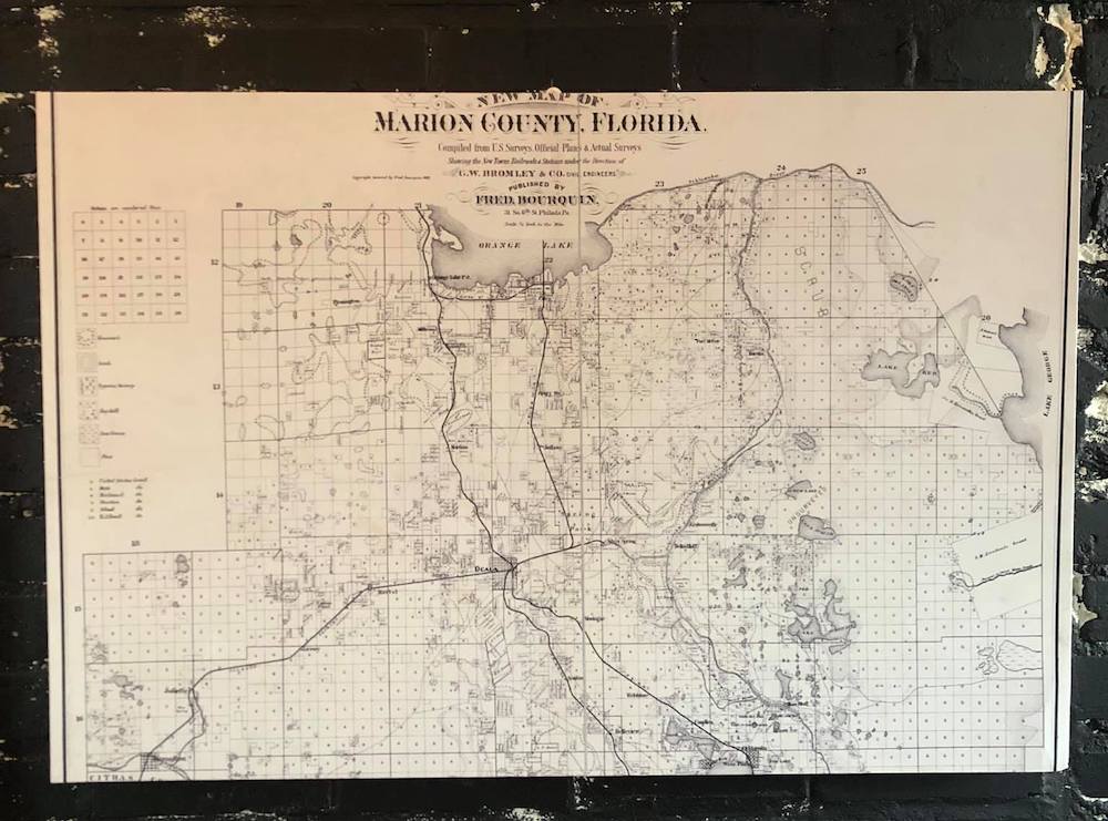 An old map of Marion County Florida displayed at Anti Monopoly Drug Store