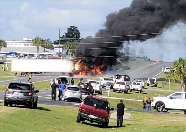Flames roar through cab of semi-truck in fiery Ocala crash that kills motorcyclist