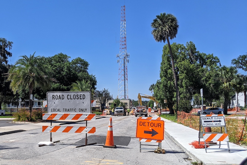 Road closure along Watula Avenue in downtown Ocala, Florida