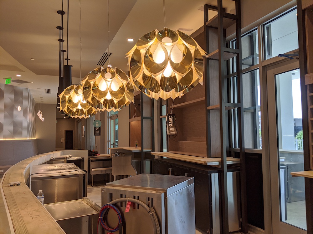 Light fixtures at bar on second floor at Hilton Garden Inn Downtown Ocala
