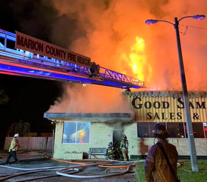 Marion County and Ocala firefighters battle roaring blaze at local car lot