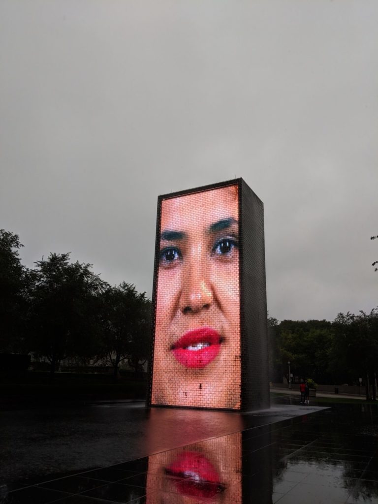 Crown Fountain is a public art and video sculpture featured in Chicago's Millenium Park that are 50 feet tall