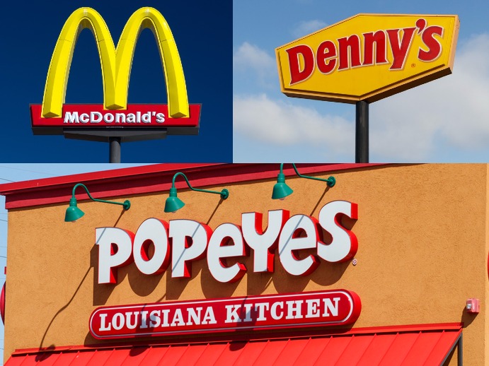 McDonalds Dennys and Popeyes fast food restaurant signs