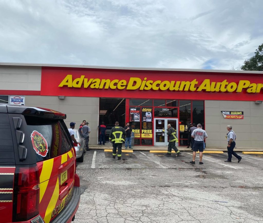 Ocala Fire Rescue responds to the scene of a pickup truck that drove through Advance Discount Auto Parts in east Ocala