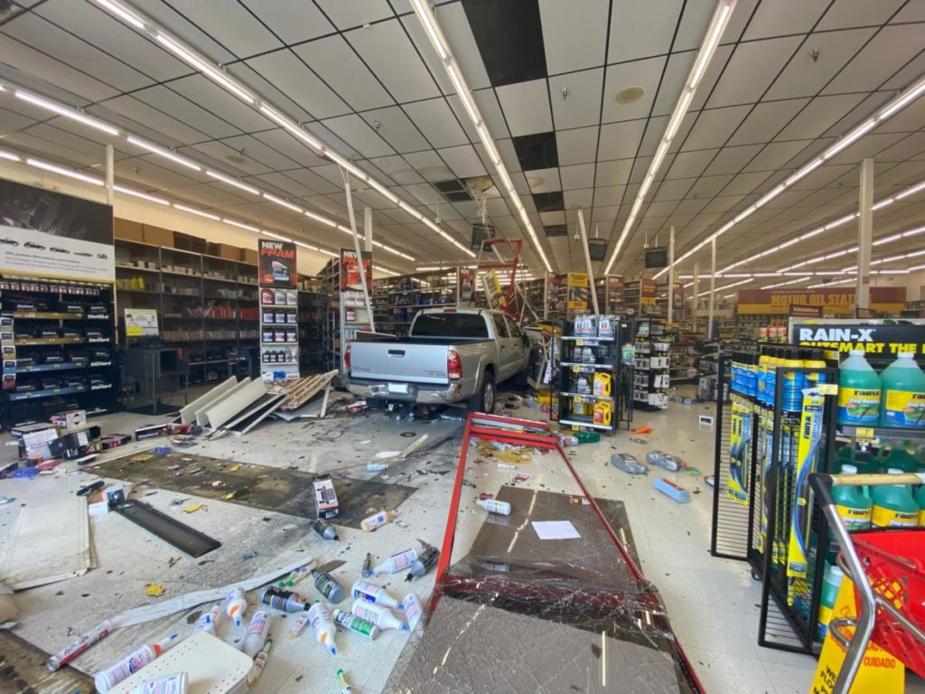 Pickup truck crashes drives 25 feet into Advance Discount Auto Parts in east Ocala Florida
