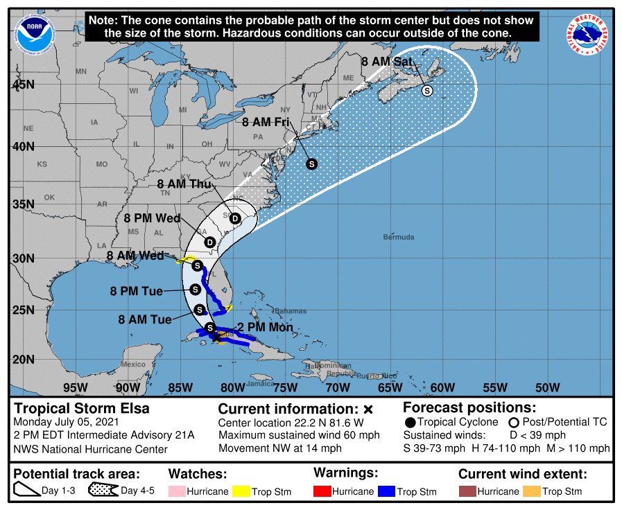 Tropical Storm Elsa Advisory as of Monday July 5 at 2 p.m.