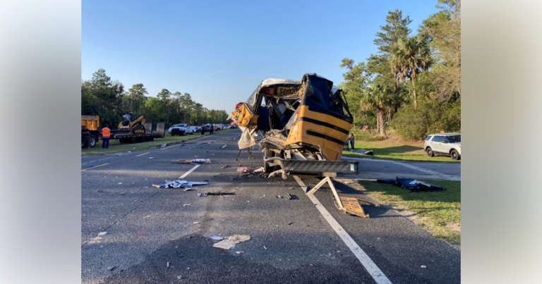 Five students hospitalized after tractor-trailer crashes into school bus on U.S. Highway 19 in Levy County