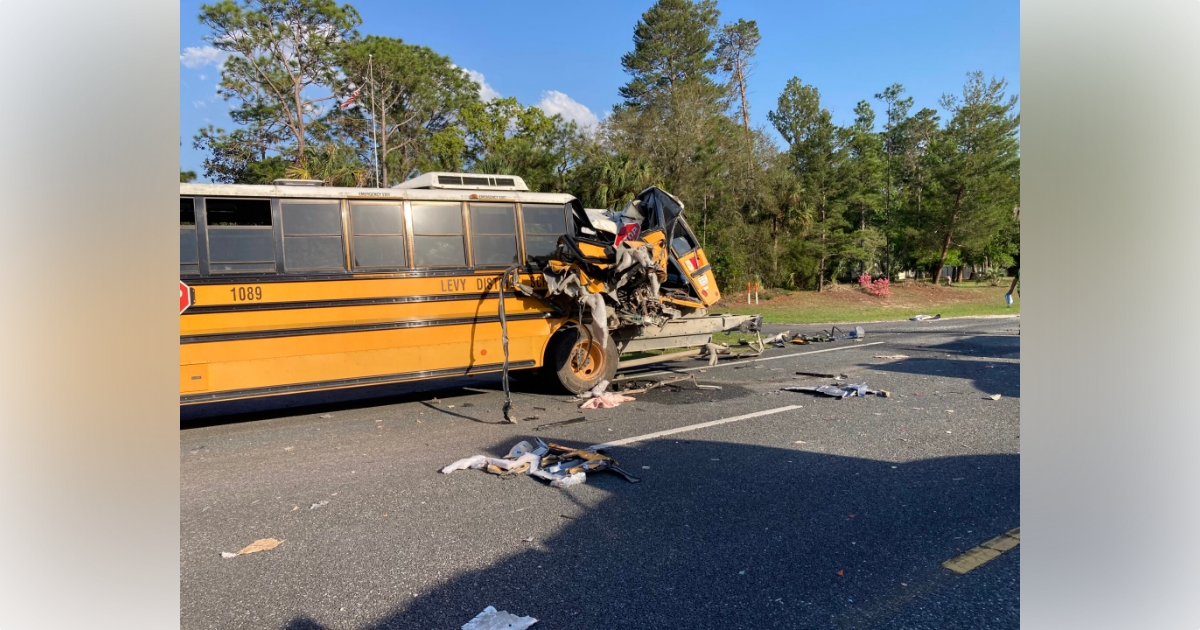 Five students hospitalized after tractor trailer crashes into school bus in Levy County