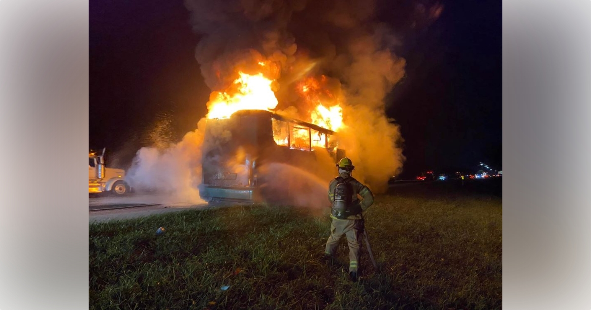 Commercial bus engulfed in flames on Interstate 75 in Marion County