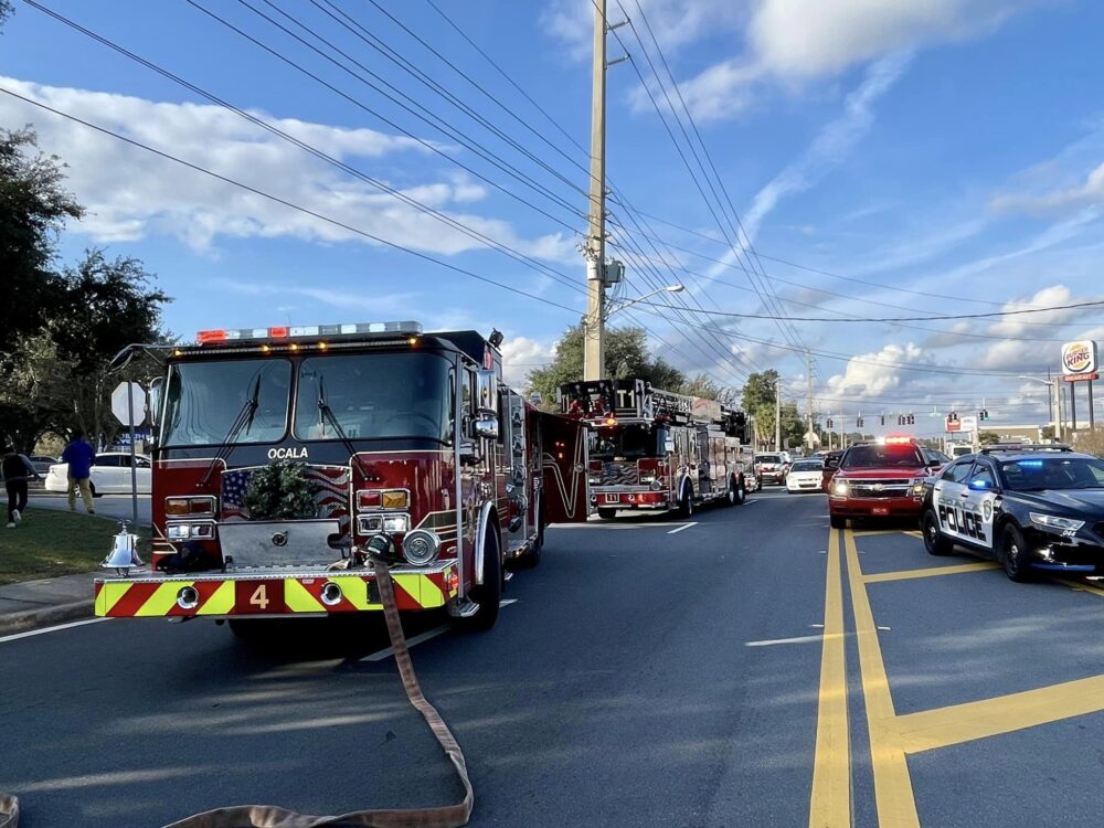 Crash with rollover (December 5, 2022) - Ocala Fire Rescue fire trucks at scene of crash