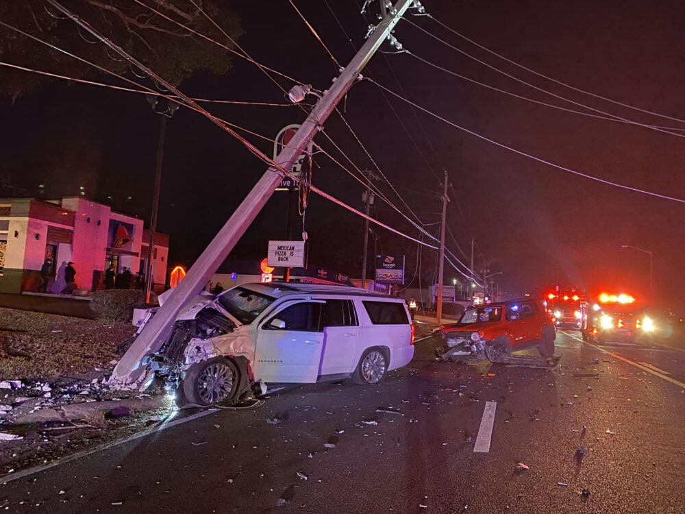 Two vehicle crash on E Silver Springs Blvd causes power outage January 7 2023 damaged power pole
