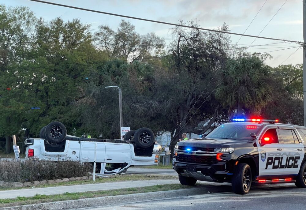 Ocala Fire Rescue responds to two vehicle crash with rollover on February 28, 2023 - photo of pickup truck on roof