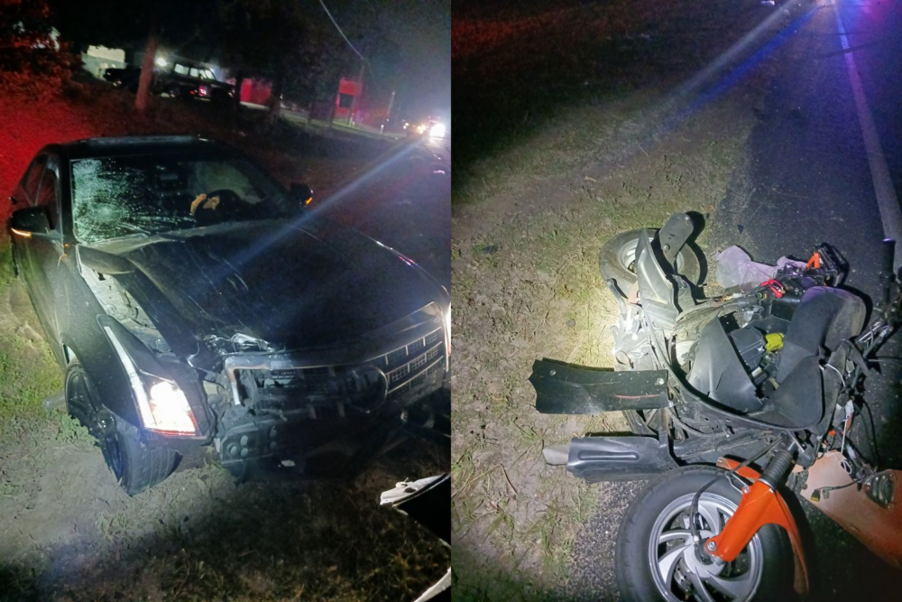 FHP hit and run crash in Marion County on March 22 2023 merged photo of moped and Cadillac sedan