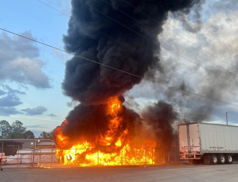 MCFR Insituform fire in Ocala April 21 2023 exterior shot with flames and smoke rising