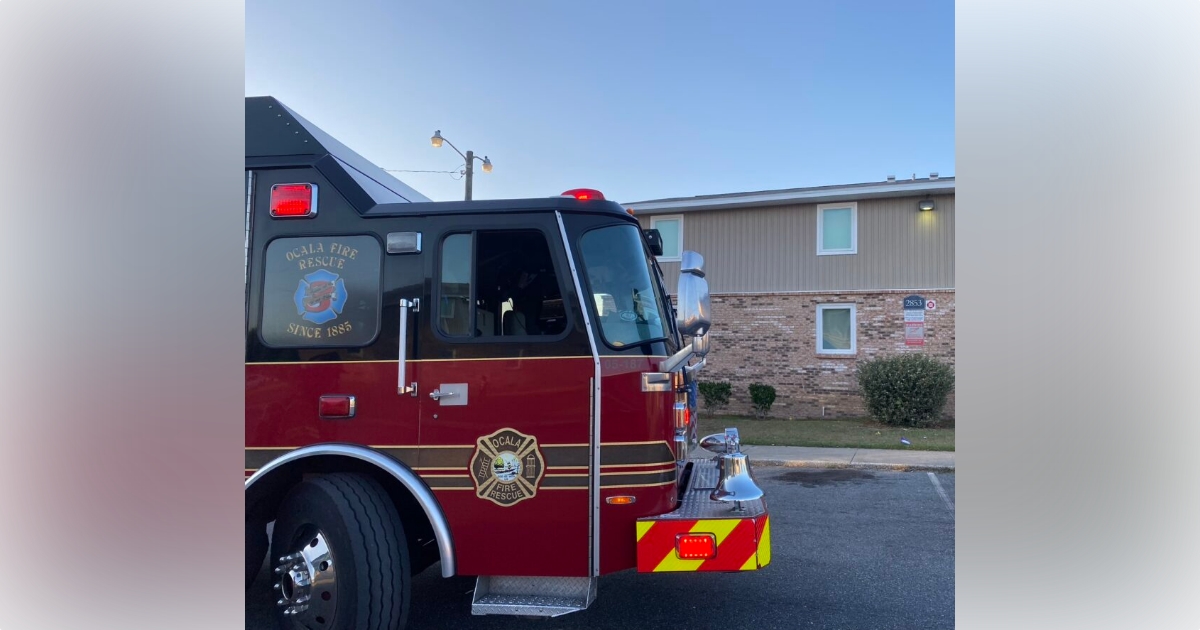 Toaster on stovetop catches fire in Ocala apartment - Ocala Fire Rescue unit arriving at Berkeley Pointe apartment complex on April 18, 2023