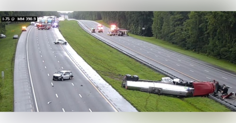 Tractor trailer overturns spills chemicals on I 75 in Alachua County