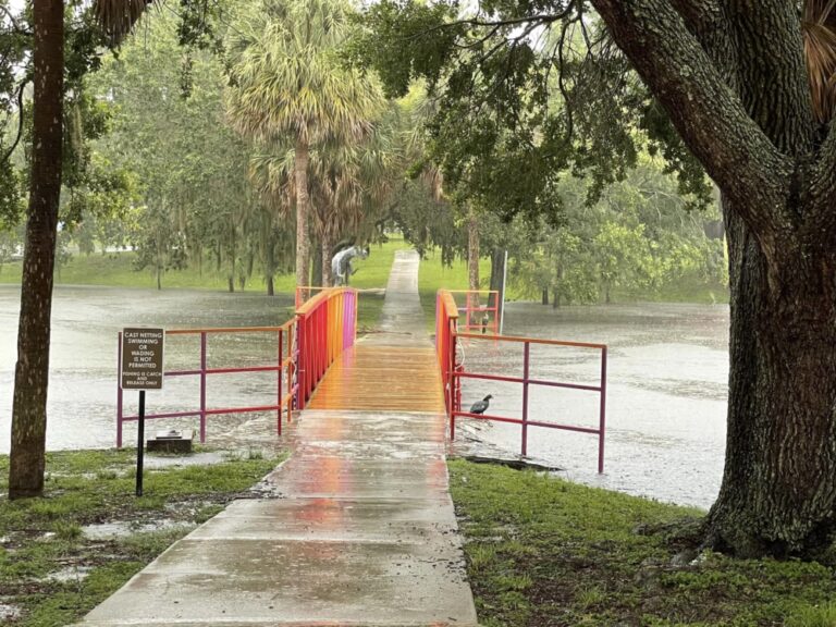 Water flowing onto walking trail bridge at Tuscawilla Park (Ocala)