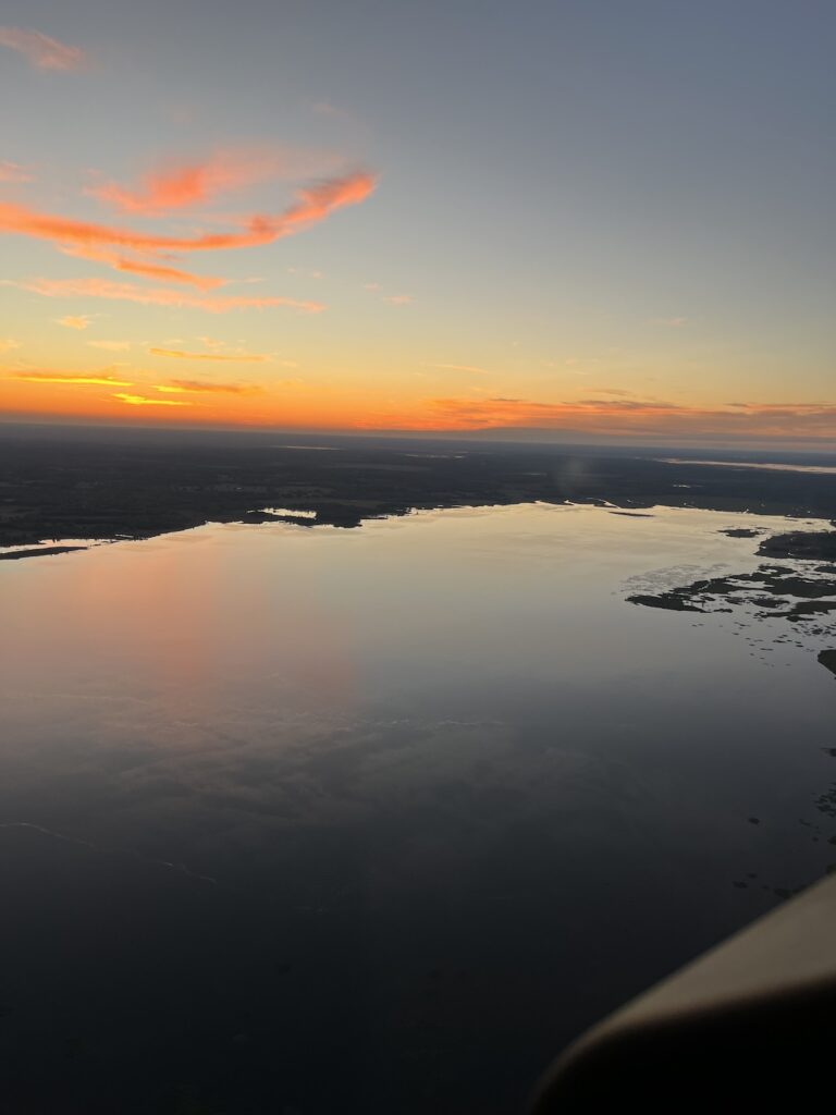 Aerial view of sunset on Orange Lake