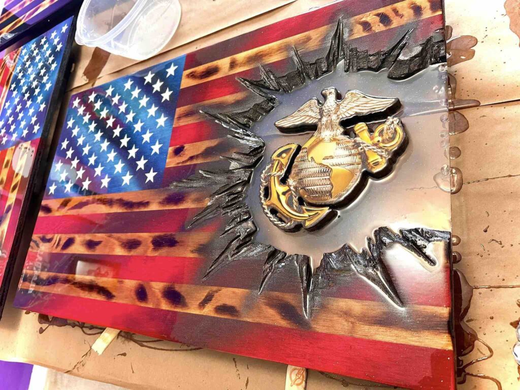 USA flag and Marines crest made by Heroic Hands Woodwork