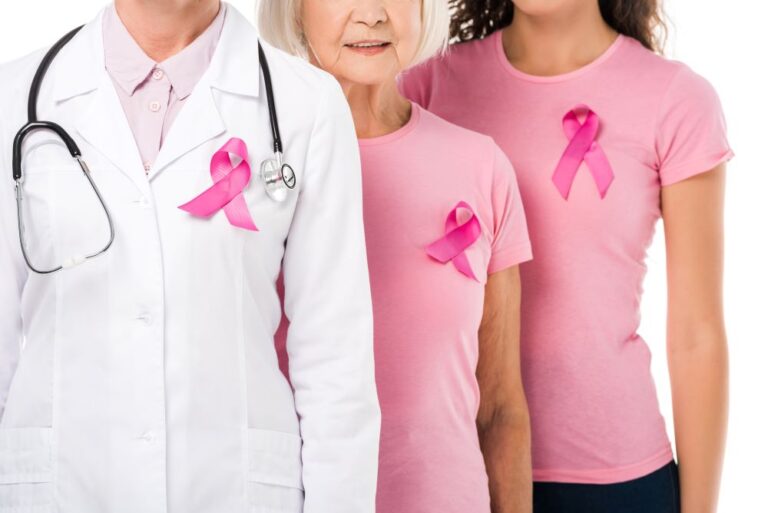 Free breast cancer screenings in Marion County stock image of doctor with women wearing pink ribbons
