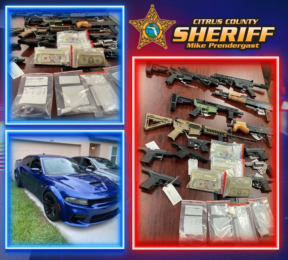 Three Ocala men arrested in Citrus County on drug and firearm charges (photo of confiscated firearms, drugs, and cash)