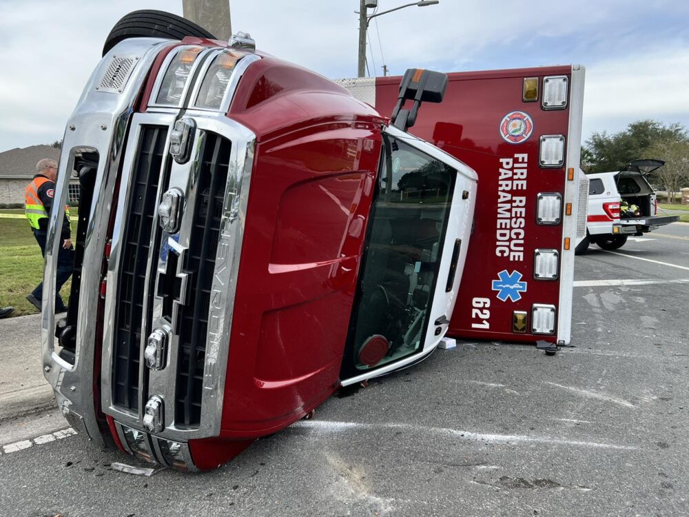 Crash involving ambulance and small bus in SW Ocala on November 28, 2023 ambulance rolled on side