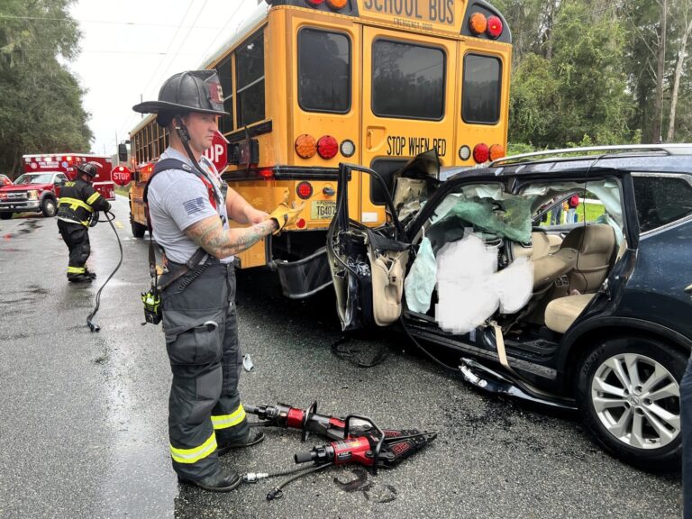 Vehicle rear ends school bus in Marion County on November 16, 2023 (photo by MCFR)