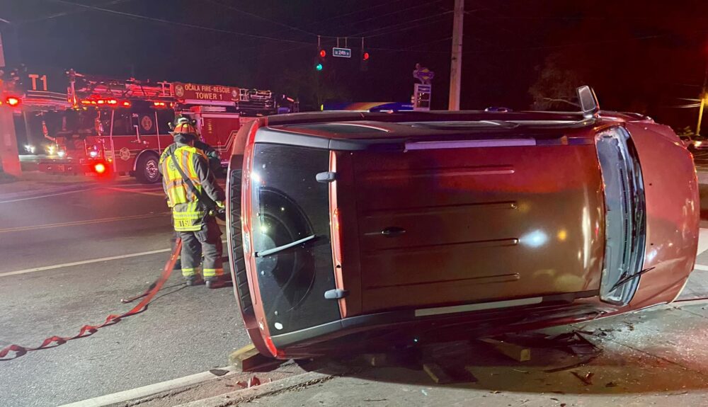 A red SUV rolled on its side after being involved in a crash at the intersection of SE 24th Street and SE 36th Avenue in Ocala on January 31, 2024. (Photo: Ocala Fire Rescue) Ocala Fire Rescue responds to crash with rollover at SE Ocala intersection on January 31, 2024