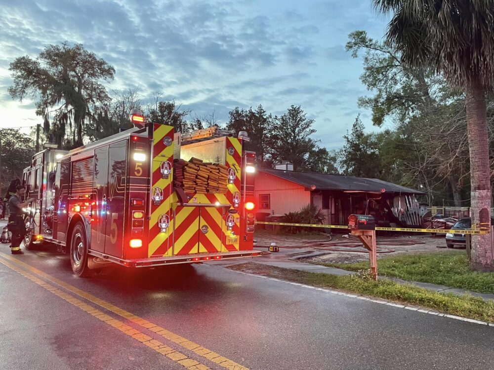 Fire truck in front of house after flames extinguished on March 2, 2024 (Photo by Ocala Fire Rescue)