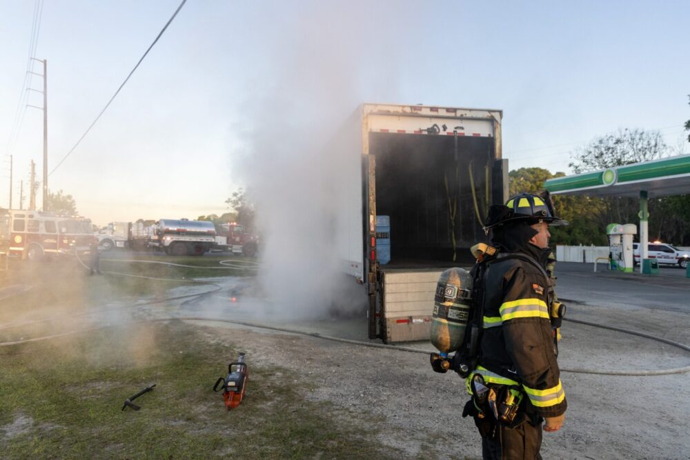 MCFR tractor trailer fire at BP gas station in Ocala on 3 20 24 back of truck open (photo by MCFR)