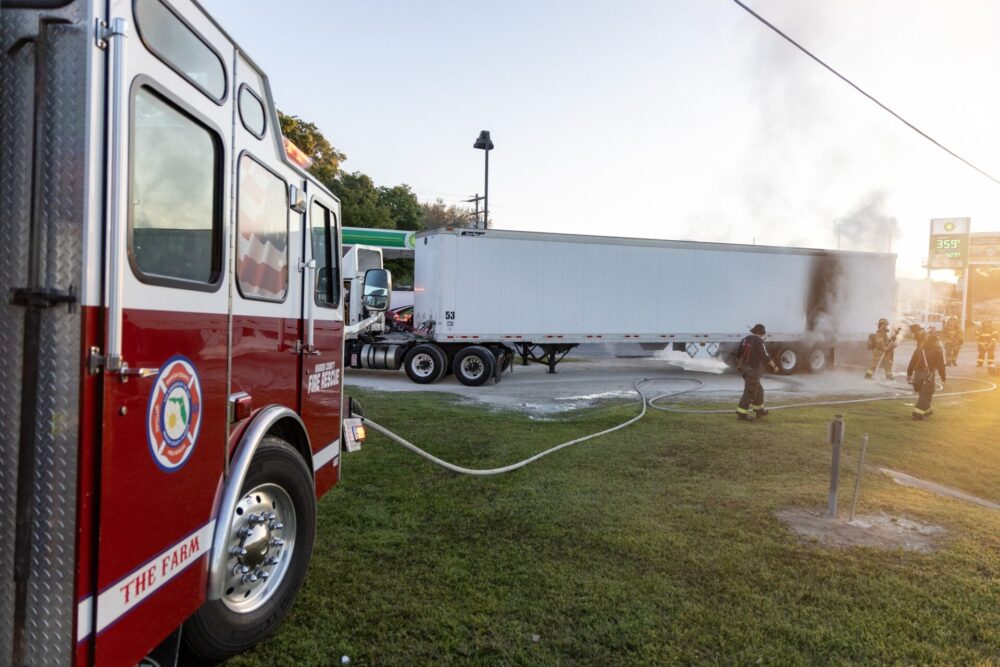 MCFR tractor trailer fire at BP gas station in Ocala on 3 20 24 fire truck at scene (photo by MCFR)