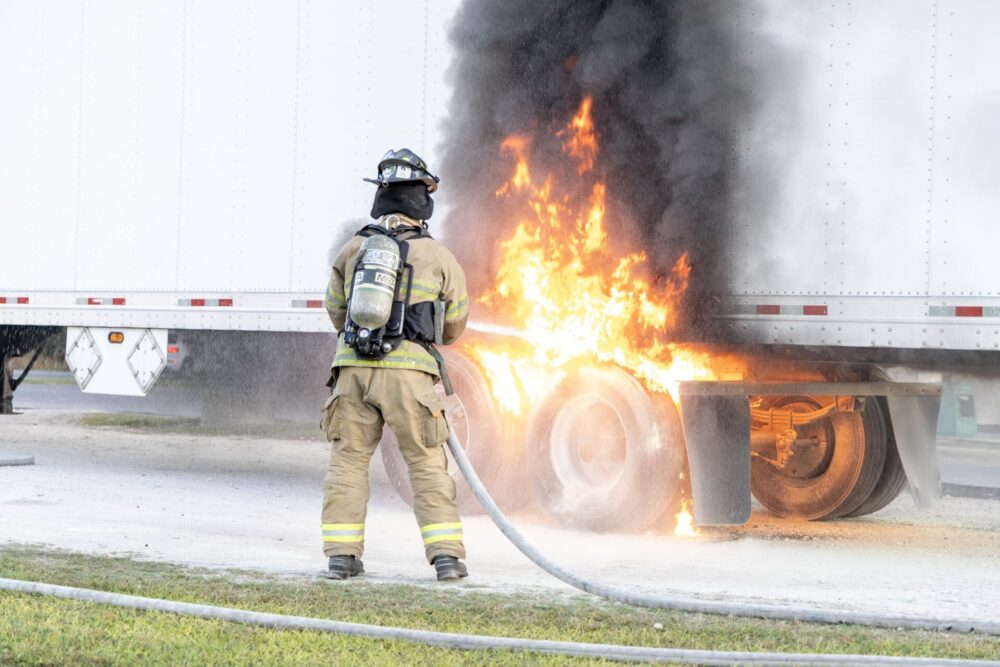 MCFR tractor trailer fire at BP gas station in Ocala on 3 20 24 firefighter blasting wheel with water (photo by MCFR)