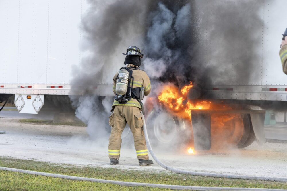 MCFR tractor trailer fire at BP gas station in Ocala on 3 20 24 flames and smoke near tire (photo by MCFR)