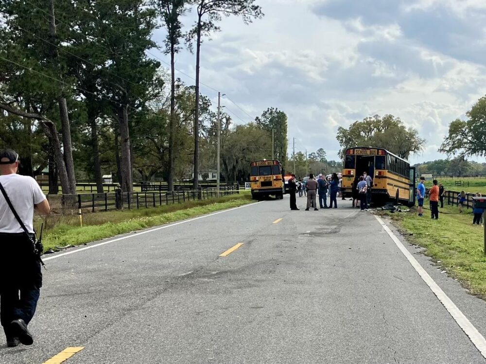 Minivan collides head on with school bus in Marion County on March 1, 2024 photo of both school buses (photo by MCFR)