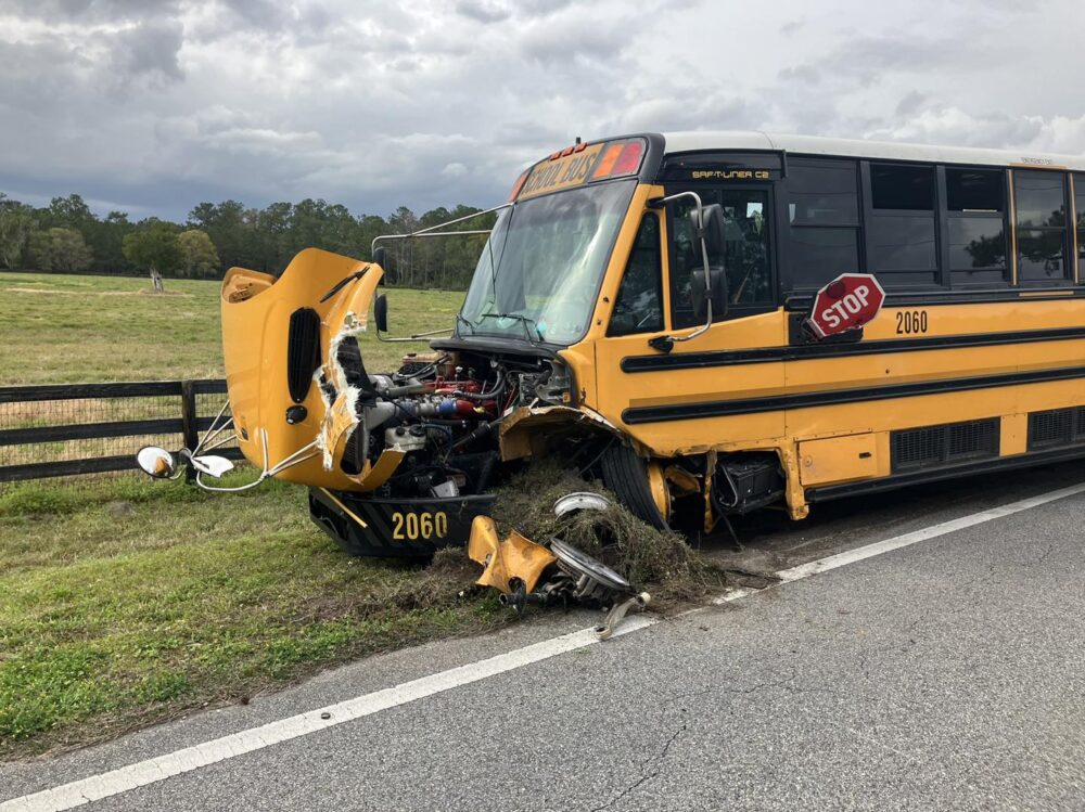 Minivan collides head on with school bus in Marion County on March 1, 2024 photo of first school bus (photo by MCFR)