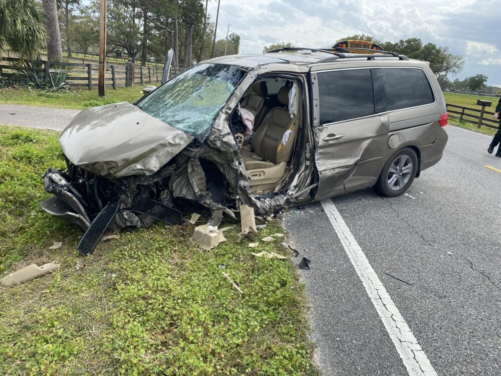 Minivan collides head on with school bus in Marion County on March 1, 2024 photo of van (photo by MCFR)