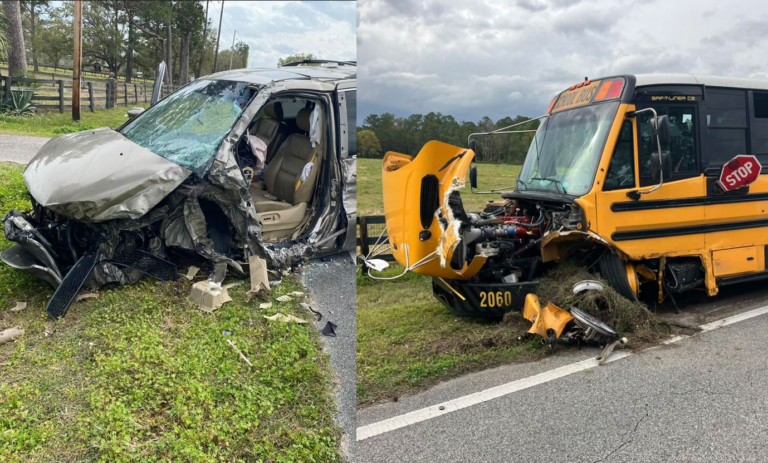 Van and school bus collide head on in Marion County on March 1, 2024 merged photo (MCFR) cropped