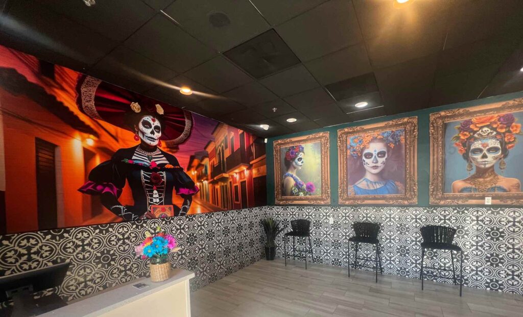 Murals at the restaurant are done in the theme of the Mexican Day of the Dead. (Photo: April 12, 2024)