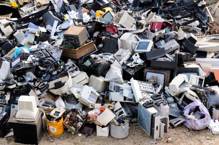 Hazardous waste pile of electronics, televisions, computers
