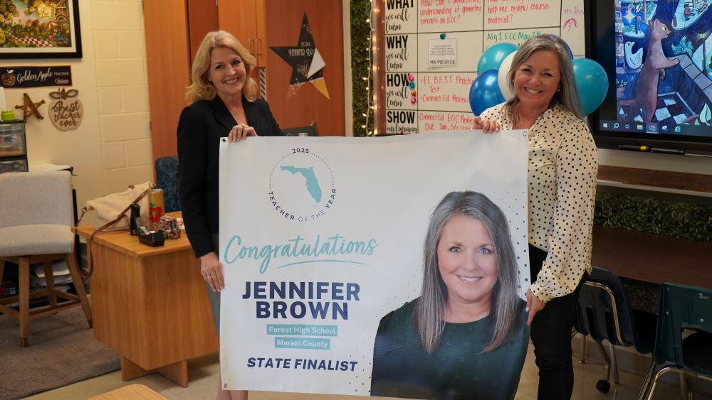 Florida Teacher of the Year finalist Jennifer Brown (right) with Superintendent Dr. Diane Gullet (left) on May 7, 2024. (Photo: Marion County Public Schools)