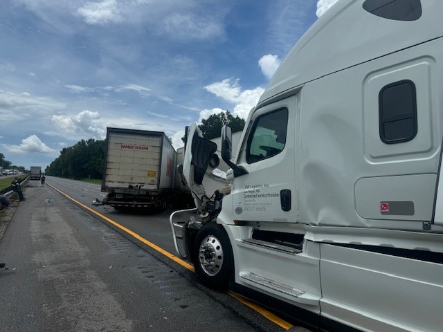 Photo of semi trucks involved in four vehicle crash on I 75 southbound on June 27, 2024 photo by FHP A hydroplaning vehicle caused three nearby semi-trucks to collide on I-75 in Alachua County on June 27, 2024)