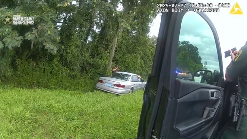 A driver and passenger were arrested in Marion County on July 27, 2024, after their vehicle ended up in a ditch following a high-speed pursuit. (Photo: Marion County Sheriff's Office)