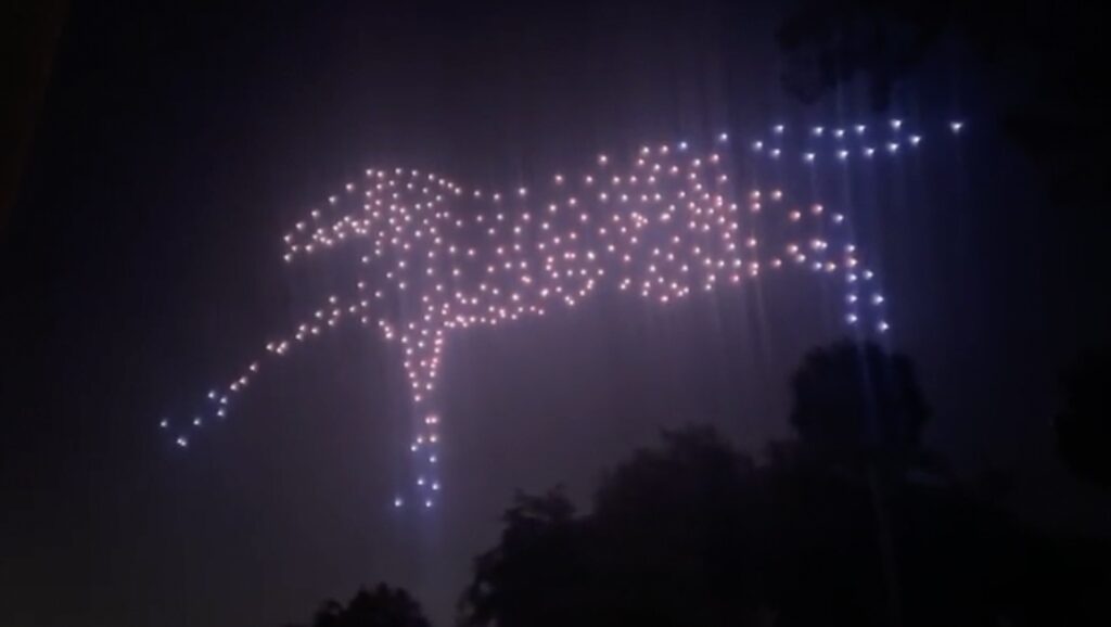 The drones formed a horse during the Patriotic Skies show at Tuscawilla Park.