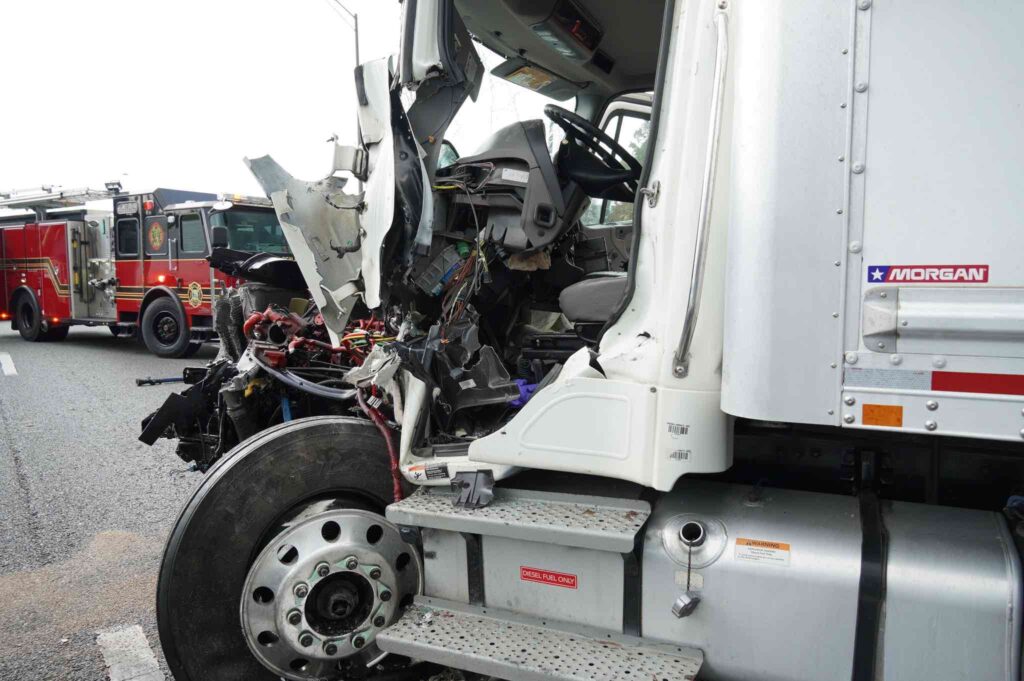 Front of box truck destroyed in accident
