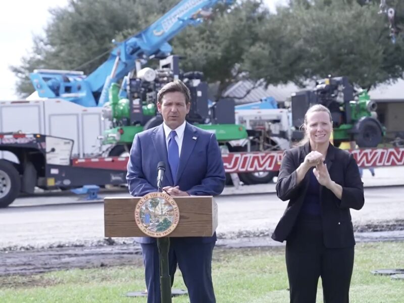 Florida Governor Ron DeSantis addresses the media from the Florida Horse Park in Ocala on October 8.