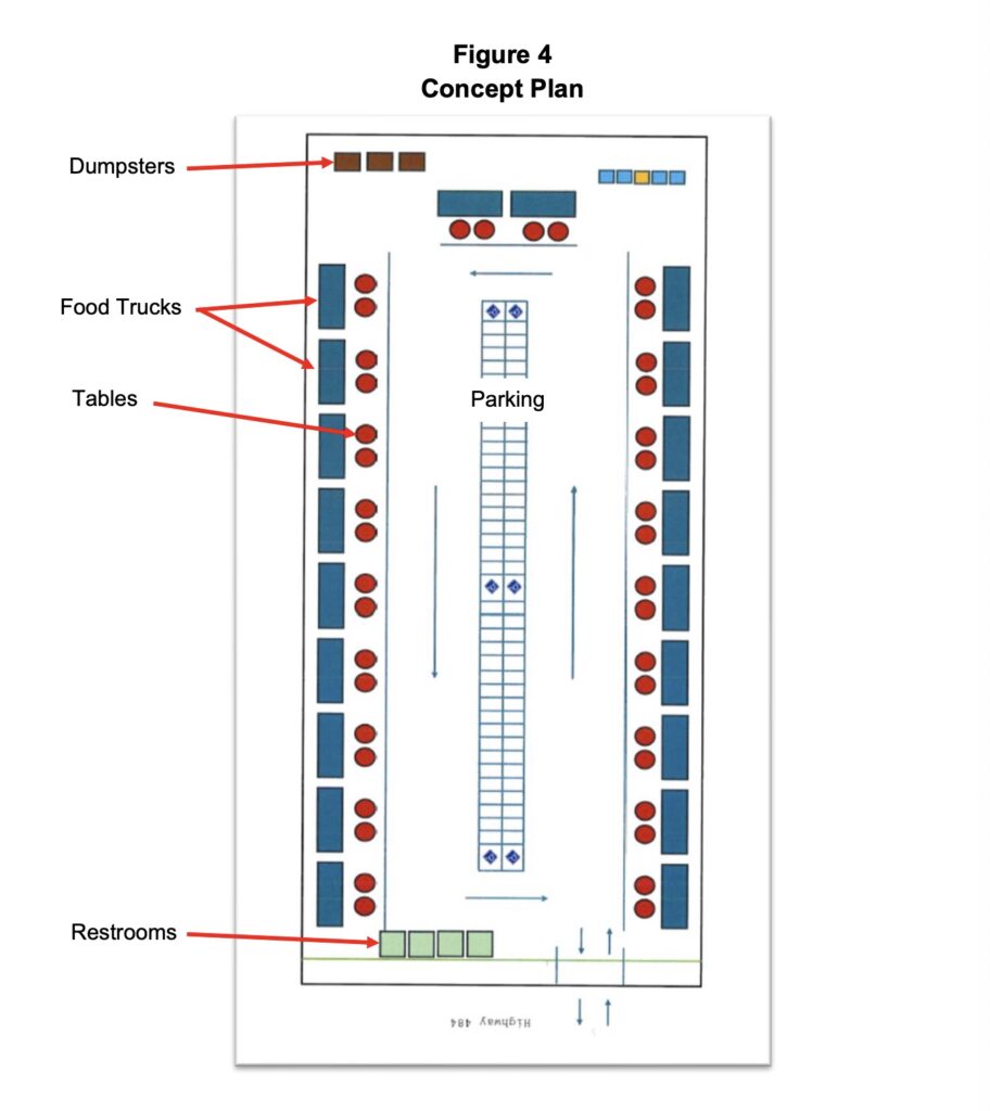A conceptual plan shows the layout of the temporary food truck park along SW Hwy 484 in Ocala.
