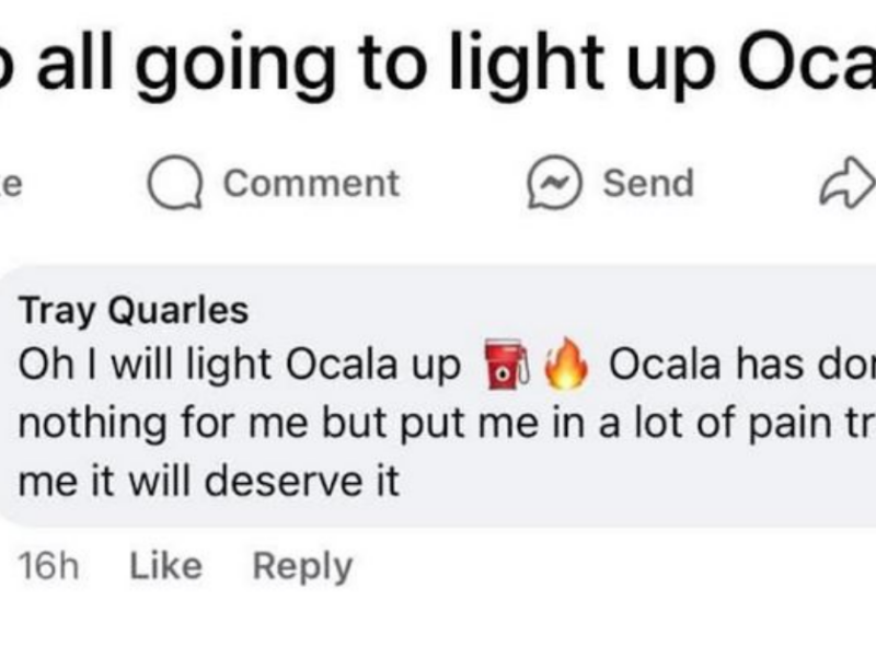 A 21-year-old Ocala resident was arrested by police after he allegedly threatened on Facebook to conduct a "mass act of violence" during this Saturday's Light Up Ocala event.